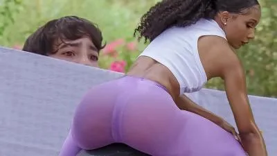 Young boy watches hot milfed neighbor do workout video porn